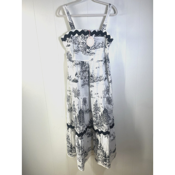 Umgee Toile Tiered Midi Dress Black White French Country Ric Rac Trim Medium New - Picture 1 of 12